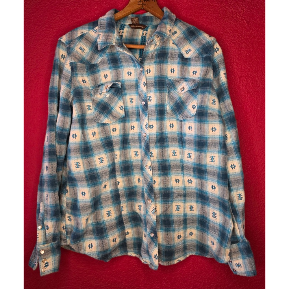 Bit n bridle Western Plaid Long Sleeve Shirt‎ Blue Women